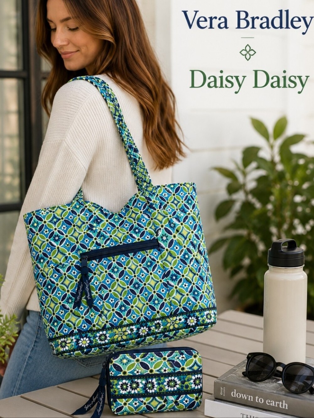 Vera Bradley Daisy Daisy Quilted Tote Bag + Matching Wallet Retired Blue Green